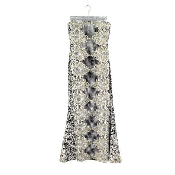 Nicole Miller Black & Cream Mixed Print Silk Blend Strapless Maxi Cocktail Dress - Picture 7 of 14